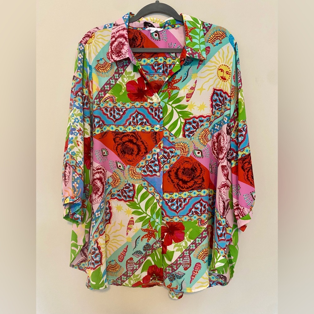 Cynthia Rowley Vibrant Floral Patchwork Button-Up Blouse - Multicolor 2X